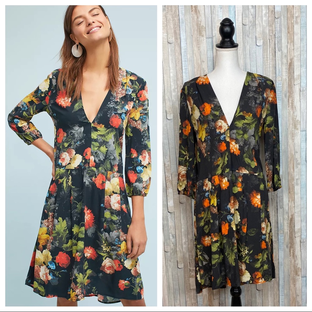 Anthropologie S The Odells Floral Deep V Neck Tunic Swing‎ Dress Dropwaist Boho